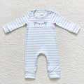 LR0583  Lights Embroidery Blue Stripes Baby Boys Christmas Romper