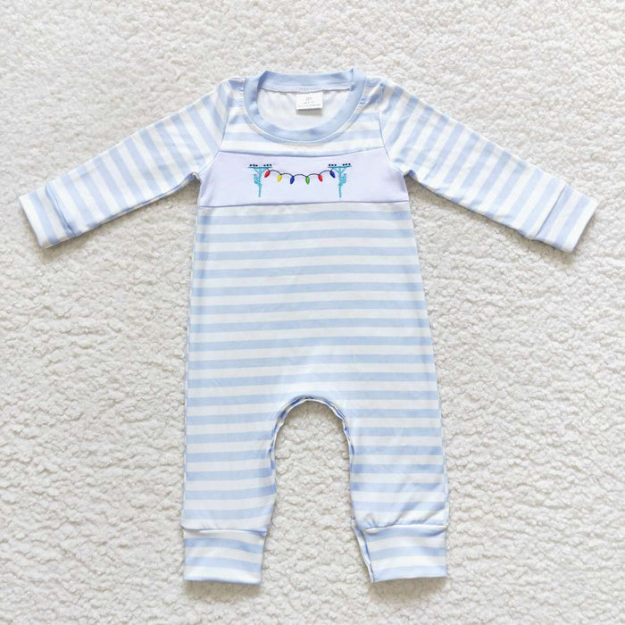 LR0583  Lights Embroidery Blue Stripes Baby Boys Christmas Romper