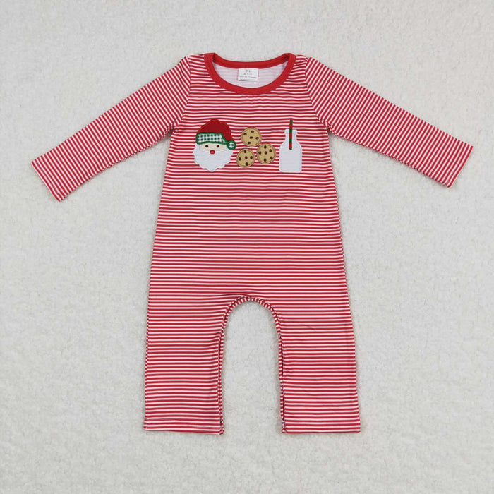 LR0707  Santa Cookies Milk Embroidery Red Stripes Baby Boys Christmas Romper