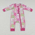 LR0722 Santa Cowboy Candy Cane Pink Checkered Print Baby Girls Christmas Zipper Sleeper Romper