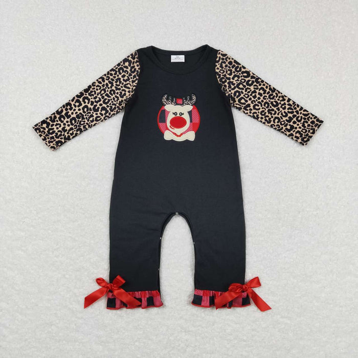 LR0730  Deer Embroidery Leopard Baby Girls Christmas Romper
