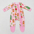 LR0806 Green Frog Pink Print Baby Christmas Zipper Sleeper Footie Romper