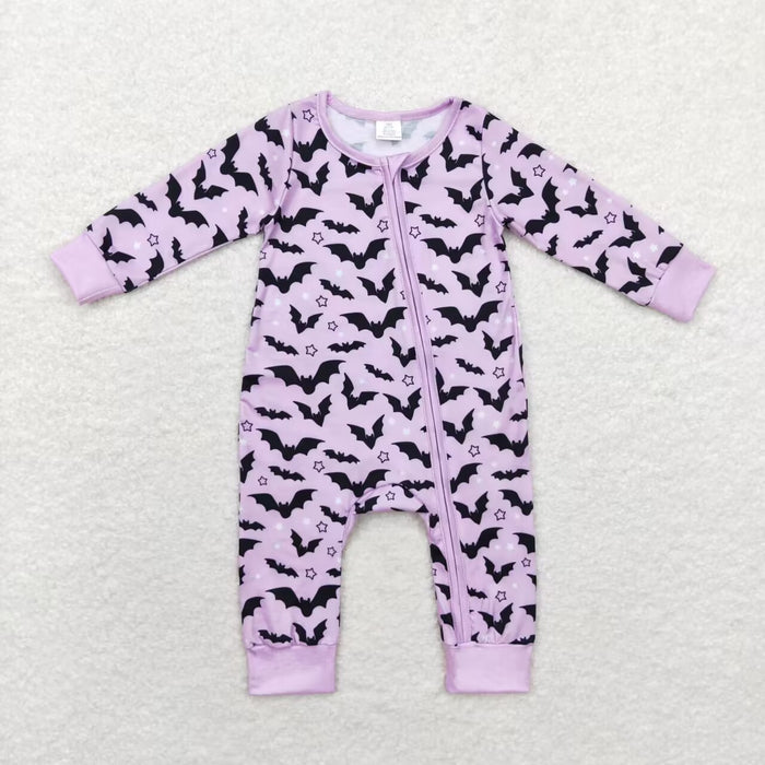 LR1097 Bat Purple Print Baby Girls Halloween Zipper Sleeper Romper