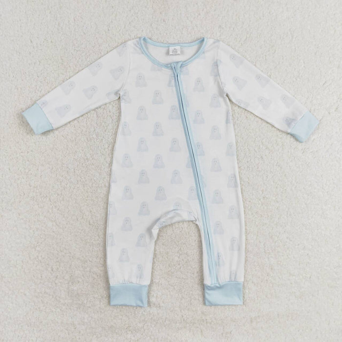 LR1125 Ghost Blue Print Baby Boys Halloween Zipper Sleeper Romper