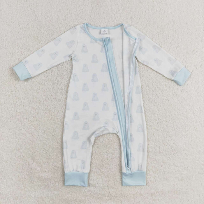 LR1125 Ghost Blue Print Baby Boys Halloween Zipper Sleeper Romper
