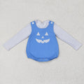 LR1172 Checkered Top Smiling Face Embroidery Blue Romper Baby Boys Halloween Clothes Set