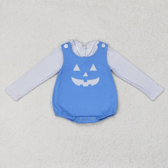 LR1172 Checkered Top Smiling Face Embroidery Blue Romper Baby Boys Halloween Clothes Set