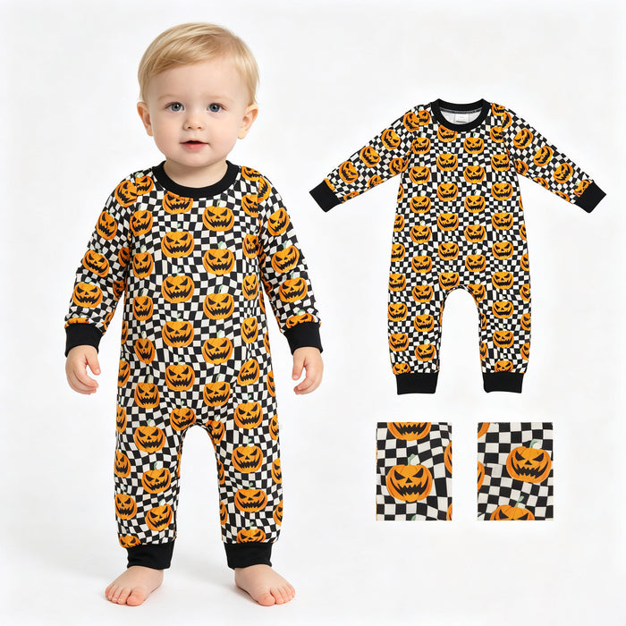 LR1389 Pumpkin Smiling Wavy Checkered Baby Boys Halloween Romper