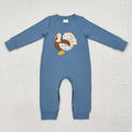 LR1505 Turkey Embroidery Blue Cotton Baby Boys Thanksgiving Romper