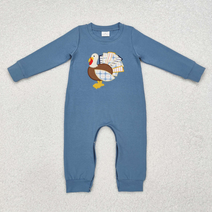 LR1505 Turkey Embroidery Blue Cotton Baby Boys Thanksgiving Romper
