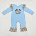 LR1529  Pumpkin Embroidery Blue Baby Girls Fall Ruffle Romper