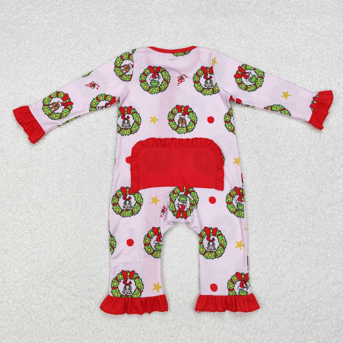 LR1664 Green Frog Candy Cane Pink Print Baby Girls Christmas Bamboo Zipper Sleeper Romper