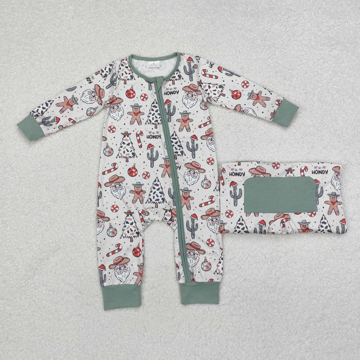 LR1674 Gingerbread Santa Candy Cane Print Baby Boys Christmas Zipper Sleeper Romper
