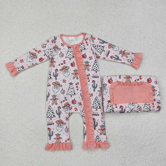 LR1675 Gingerbread Santa Candy Cane Print Baby Girls Christmas Zipper Sleeper Romper