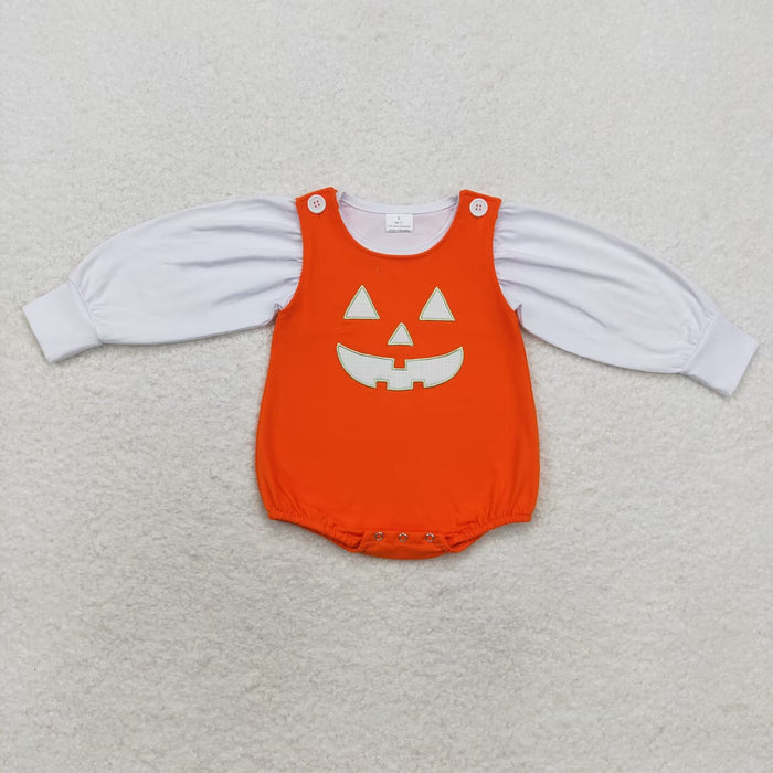 LR1702 White Top Smiling Face Embroidery Orange Romper Baby Girls Halloween Cotton Clothes Set