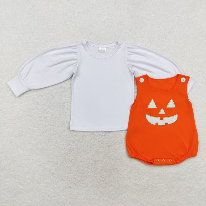 LR1702 White Top Smiling Face Embroidery Orange Romper Baby Girls Halloween Cotton Clothes Set