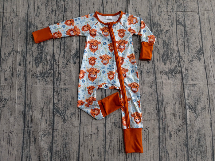 LR1787 Baby Girls Highland Cow Long Long Sleeve Zipepr Romper Preorder