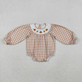 LR2205 Turkey Embroidery Checkered Print Baby Girls Smocked Romper