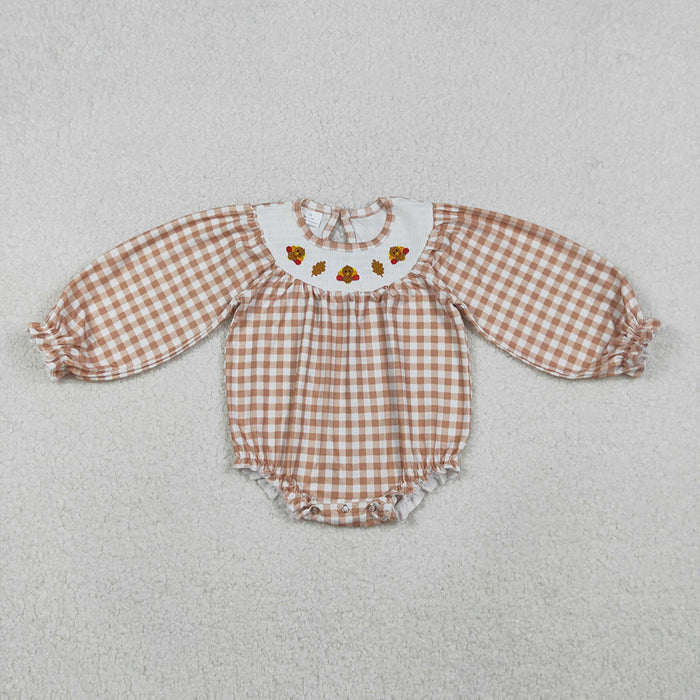 LR2205 Turkey Embroidery Checkered Print Baby Girls Smocked Romper