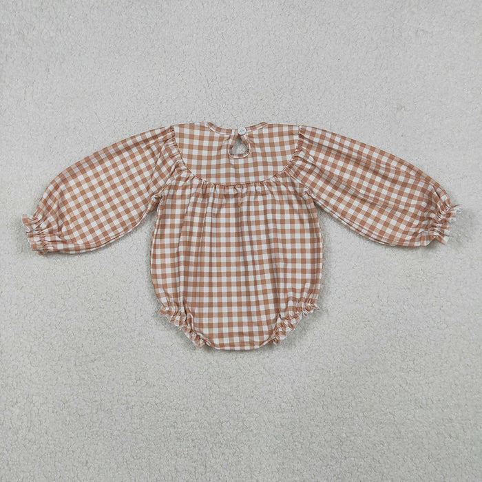 LR2205 Turkey Embroidery Checkered Print Baby Girls Smocked Romper