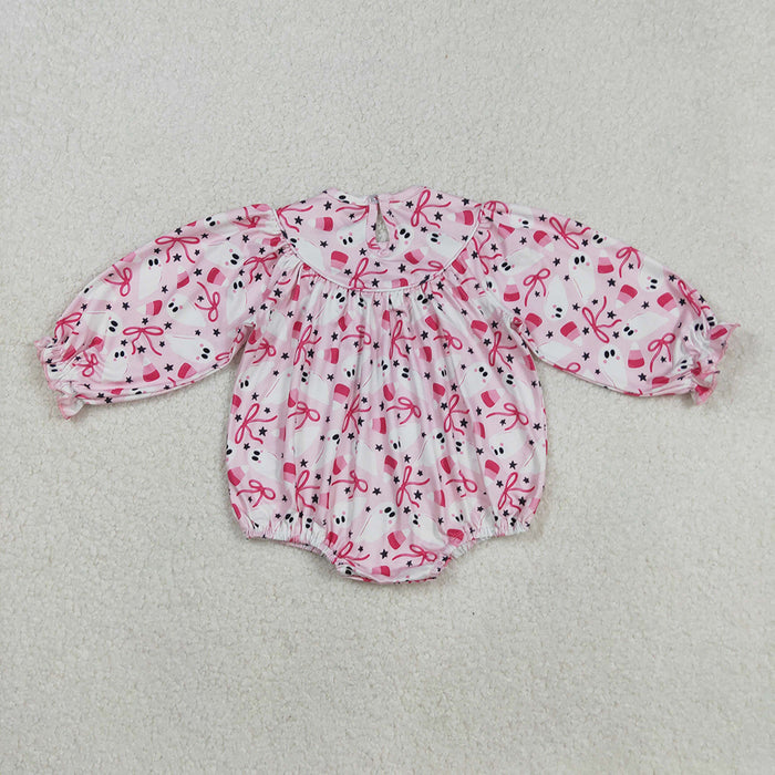 LR2216 Ghost Candy Embroidery Bows Print Baby Girls Halloween Smocked Romper