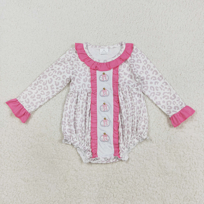 LR2220 Pumpkin Embroidery Leopard Baby Girls Fall Romper