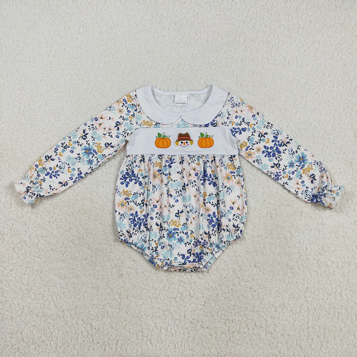 LR2246 Pumpkin Embroidery Flowers Baby Girls Fall Romper