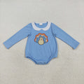 LR2261 Turkey Embroidery Blue Cotton Baby Boys Thanksgiving Romper