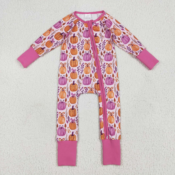 LR2270 Pumpkin Bows Print Baby Girls Fall Zipper Sleeper Romper