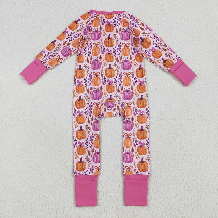 LR2270 Pumpkin Bows Print Baby Girls Fall Zipper Sleeper Romper