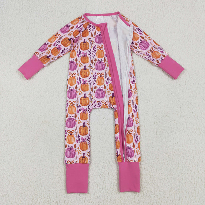 LR2270 Pumpkin Bows Print Baby Girls Fall Zipper Sleeper Romper