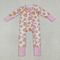 LR2271 Pumpkin Bows Pink Print Baby Girls Fall Zipper Sleeper Romper