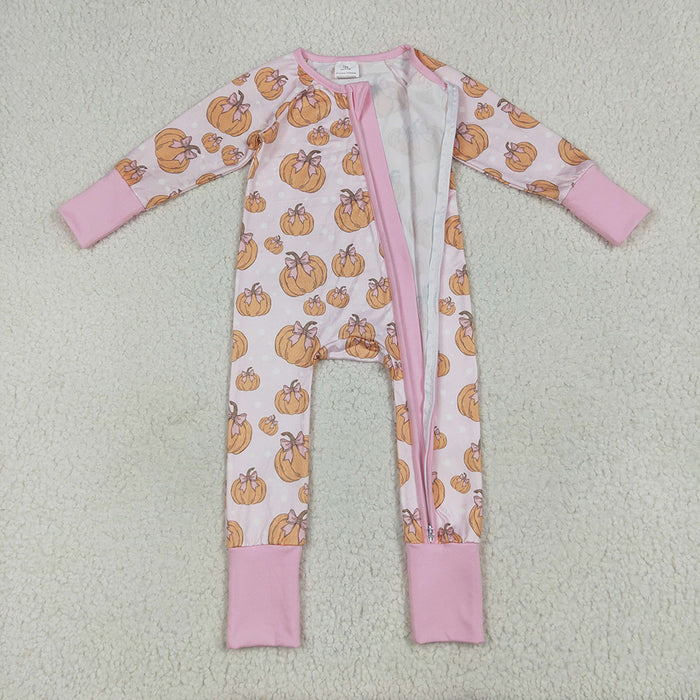 LR2271 Pumpkin Bows Pink Print Baby Girls Fall Zipper Sleeper Romper