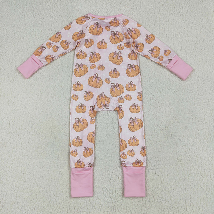 LR2271 Pumpkin Bows Pink Print Baby Girls Fall Zipper Sleeper Romper