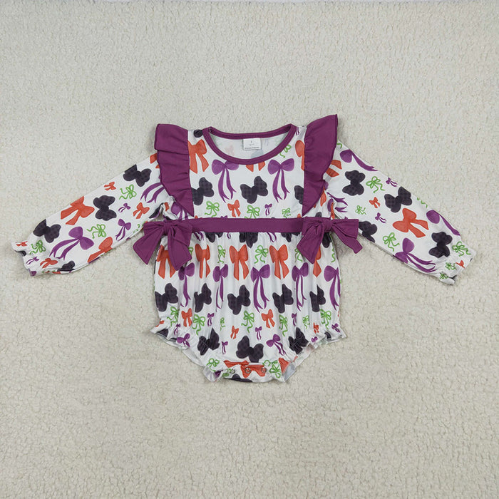 LR2285 Colorful Bows Print Baby Girls Halloween Romper