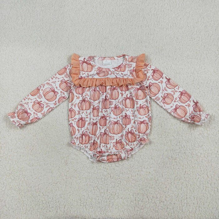 LR2295 Pumpkin Bows Print Baby Girls Fall Romper