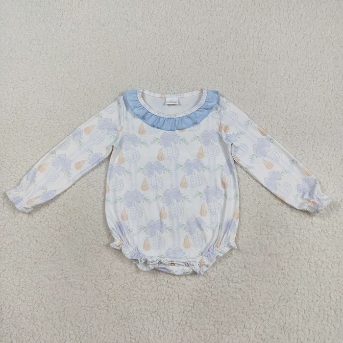 LR2312 Pumpkin Bows Print Baby Girls Fall Romper