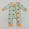 LR2335 Pumpkin Tractor Green Print Baby Boys Fall Zipper Sleeper Romper