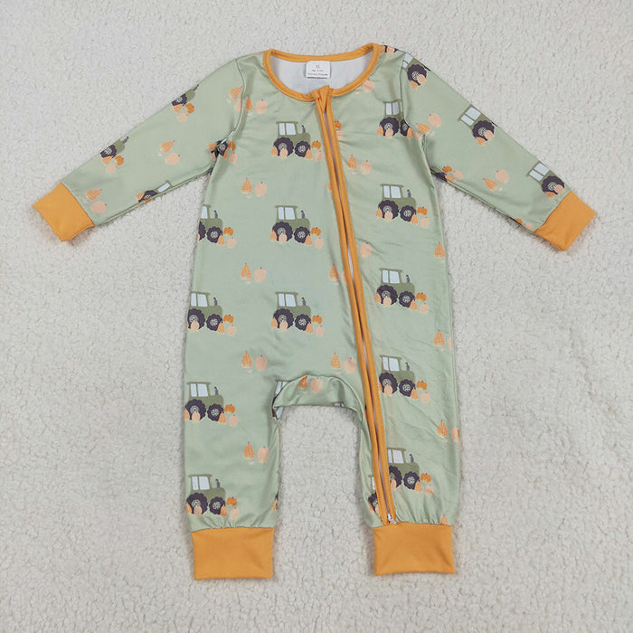 LR2335 Pumpkin Tractor Green Print Baby Boys Fall Zipper Sleeper Romper