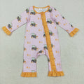 LR2336 Pumpkin Tractor Pink Print Baby Girls Fall Zipper Sleeper Romper