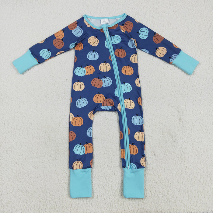 LR2364 Pumpkin Blue Print Baby Boys Fall Zipper Sleeper Romper