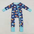 LR2364 Pumpkin Blue Print Baby Boys Fall Zipper Sleeper Romper