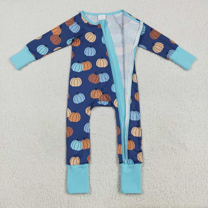 LR2364 Pumpkin Blue Print Baby Boys Fall Zipper Sleeper Romper