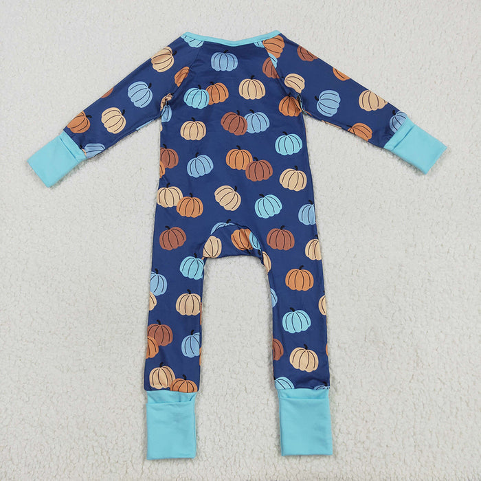 LR2364 Pumpkin Blue Print Baby Boys Fall Zipper Sleeper Romper