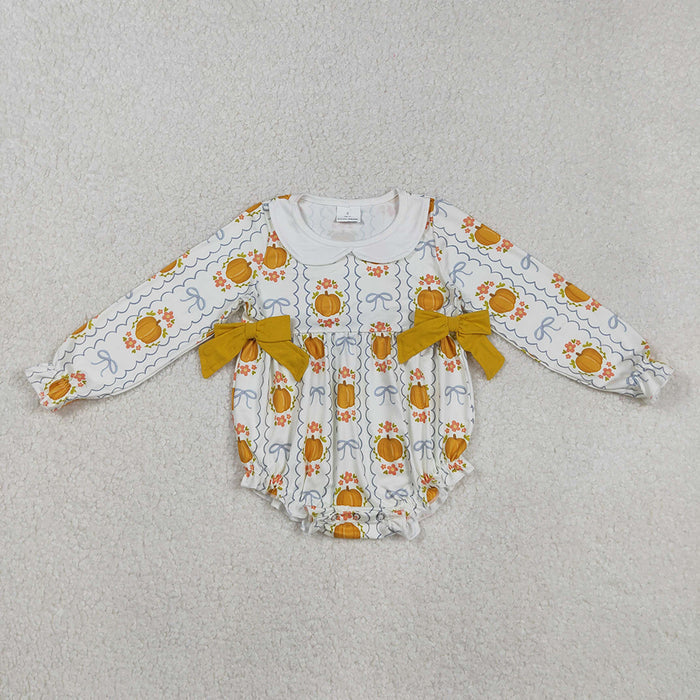 LR2389 Pumpkin Flowers Bows Print Baby Girls Fall Romper