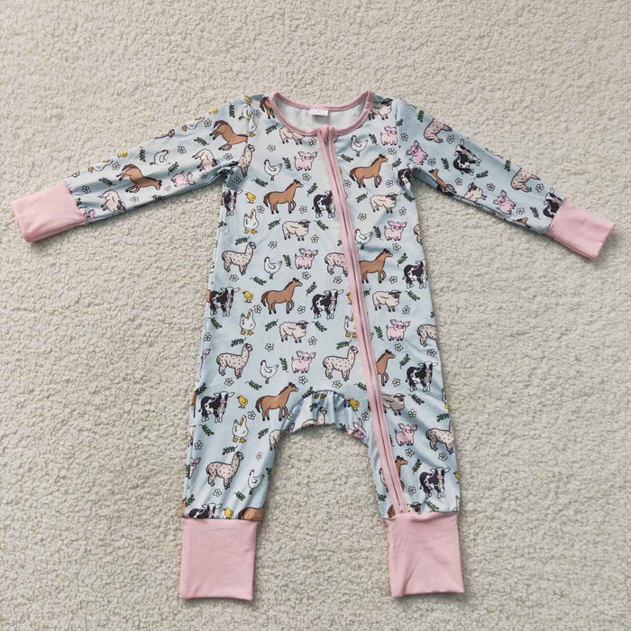 LR2401 Farm Animals Baby Girls Long Sleeve Zipper Sleeper Romper