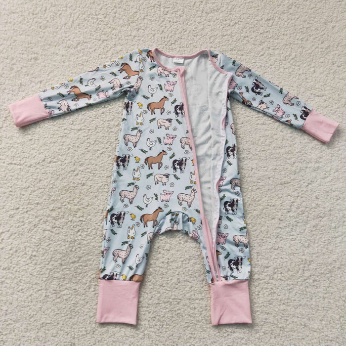 LR2401 Farm Animals Baby Girls Long Sleeve Zipper Sleeper Romper
