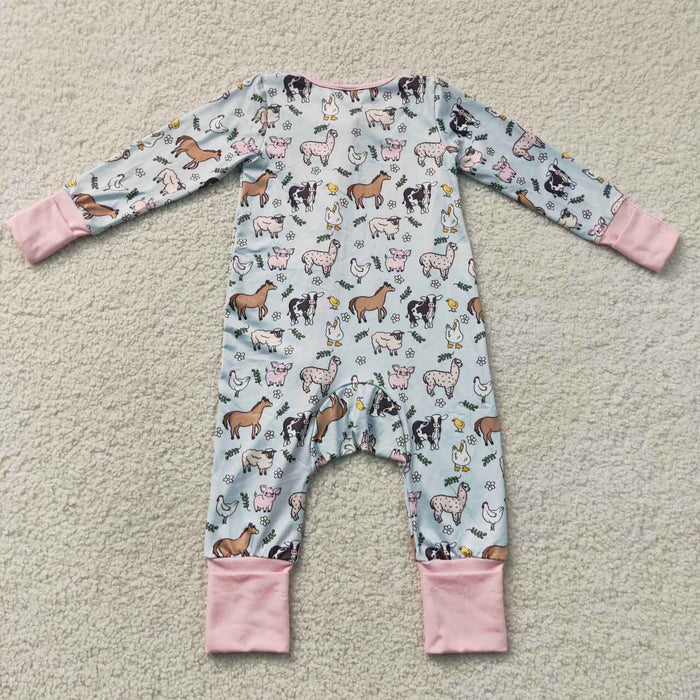 LR2401 Farm Animals Baby Girls Long Sleeve Zipper Sleeper Romper