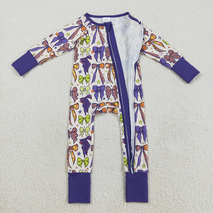 LR2403  Bows Stars Purple Print Baby Girls Halloween Zipper Sleeper Romper