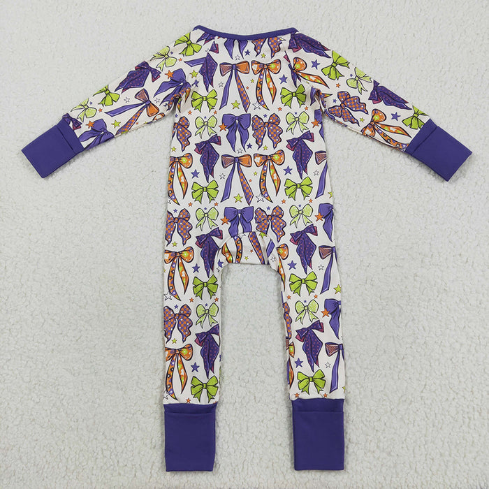 LR2403  Bows Stars Purple Print Baby Girls Halloween Zipper Sleeper Romper